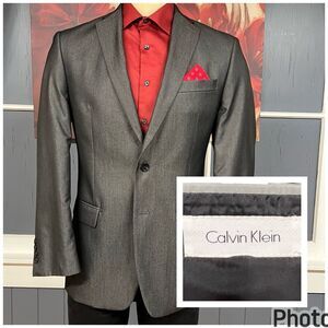 Calvin Klein‎ Suit Jacket Sport Coat Mens 40R Gray Satin Herringbone Polyester